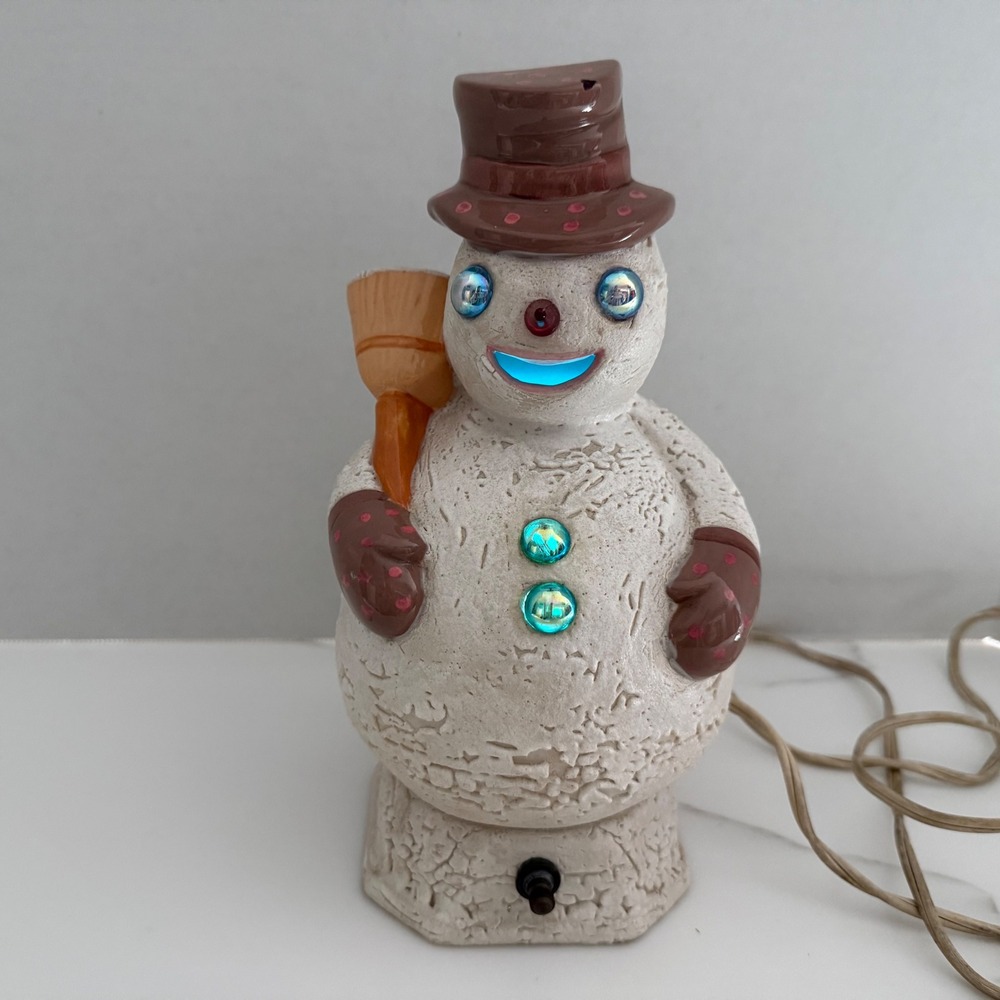 Vtg Holland Mold Lighted Ceramic Snowman + Base Hat Broom Hand Painted 9" Works
